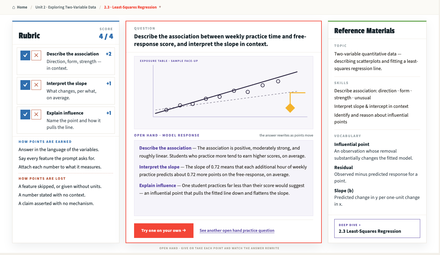 Cramapple practice question on a screen: rubric, question, and reference materials side by side